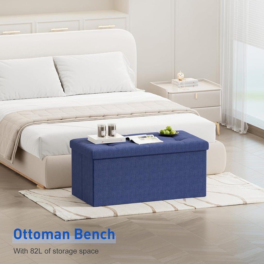 Blue Tufted Folding Storage Ottoman Bench with Flip Lid