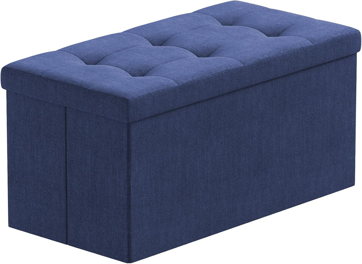 Blue Tufted Folding Storage Ottoman Bench with Flip Lid