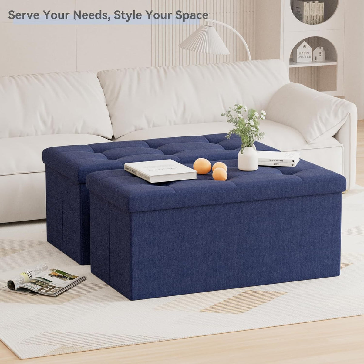 Blue Tufted Folding Storage Ottoman Bench with Flip Lid