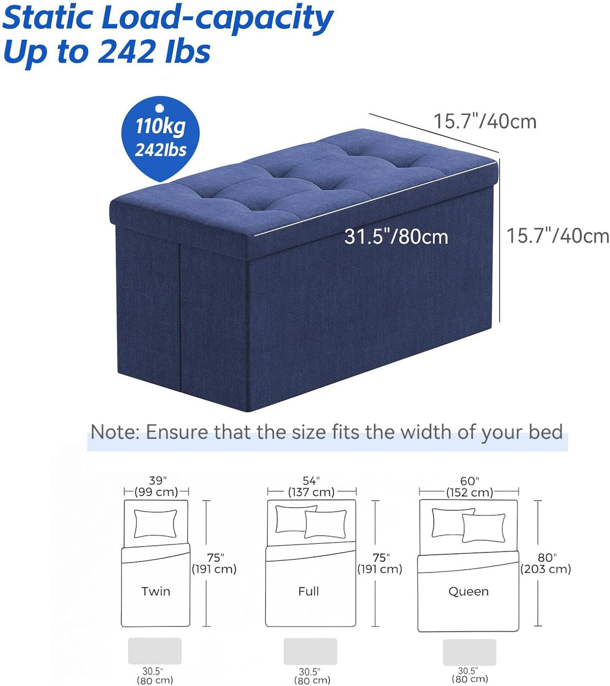 Blue Tufted Folding Storage Ottoman Bench with Flip Lid