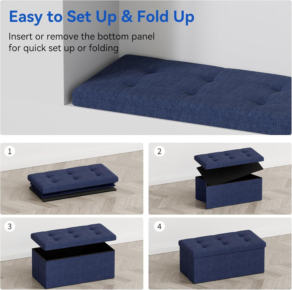 Blue Tufted Folding Storage Ottoman Bench with Flip Lid