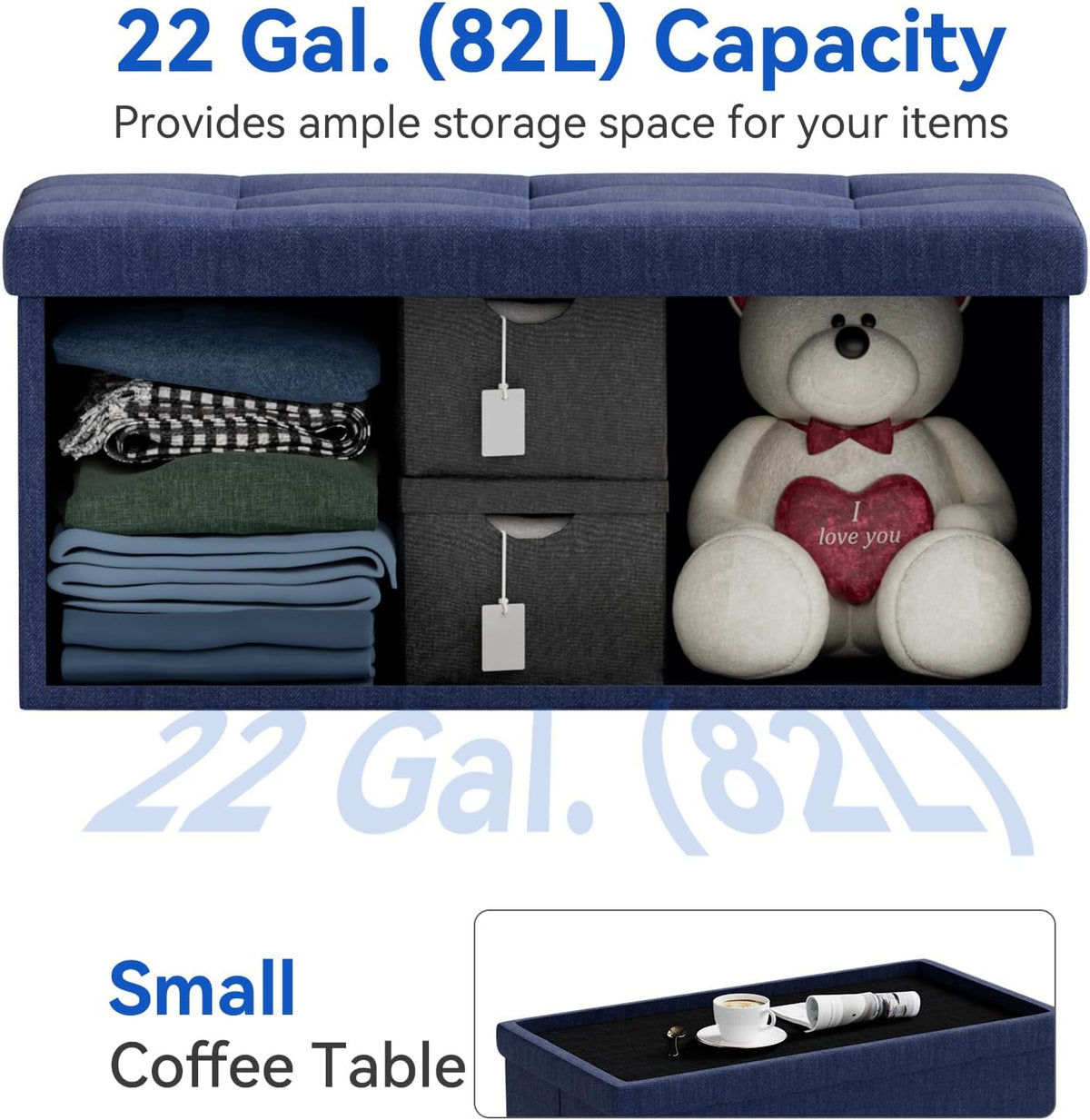 Blue Tufted Folding Storage Ottoman Bench with Flip Lid
