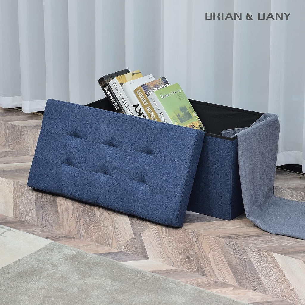 Blue Tufted Folding Storage Ottoman Bench with Flip Lid