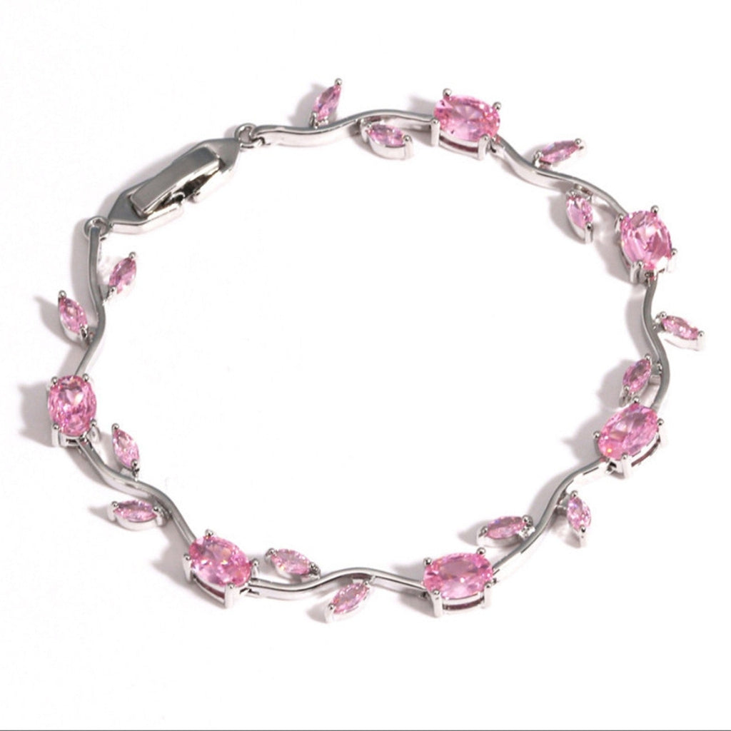 Tulip Crystal Vine Bracelet - (Silver-Pink)