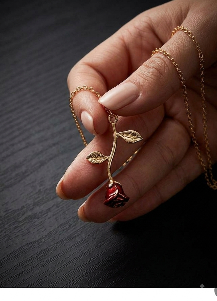 The Enchanted Rose Pendant Necklace – Gold Plated with Red Bud.