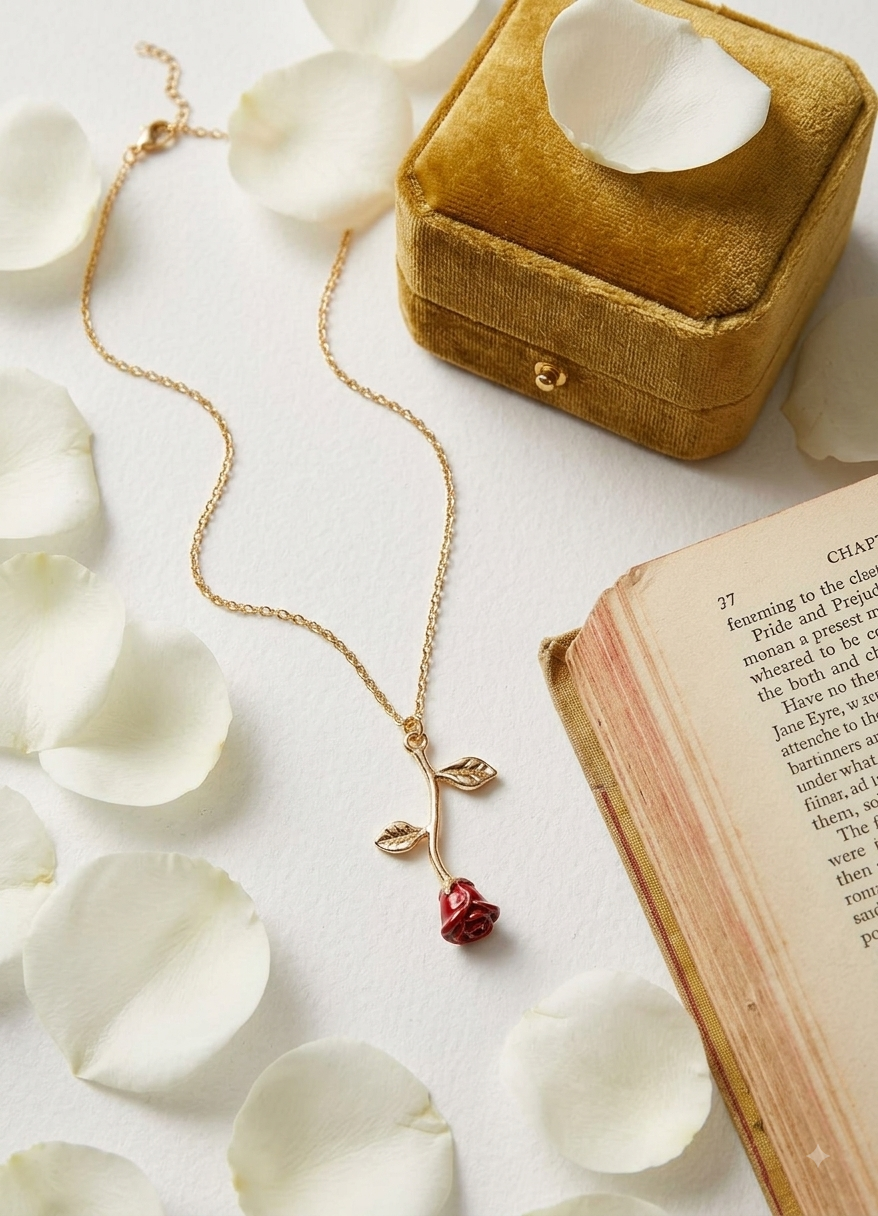 The Enchanted Rose Pendant Necklace – Gold Plated with Red Bud.