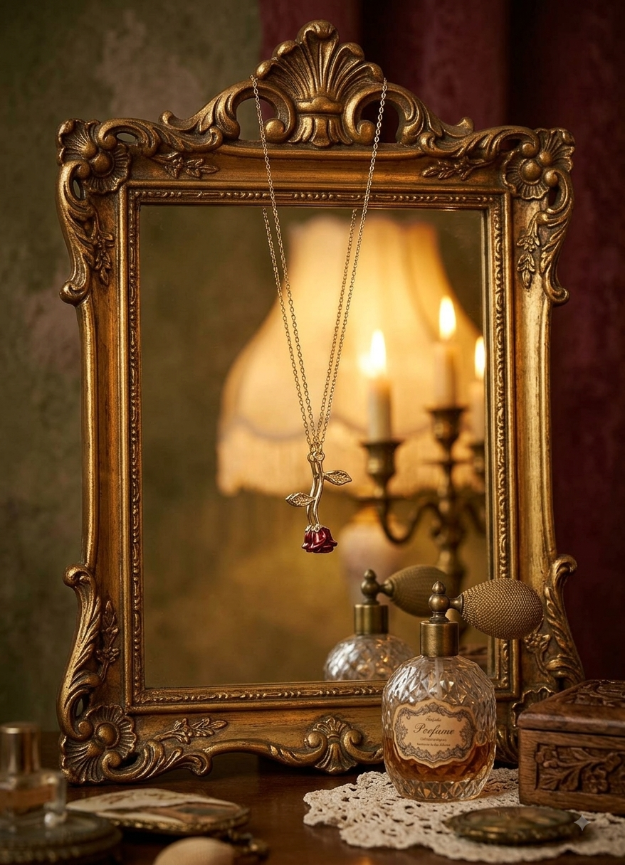 The Enchanted Rose Pendant Necklace – Gold Plated with Red Bud.