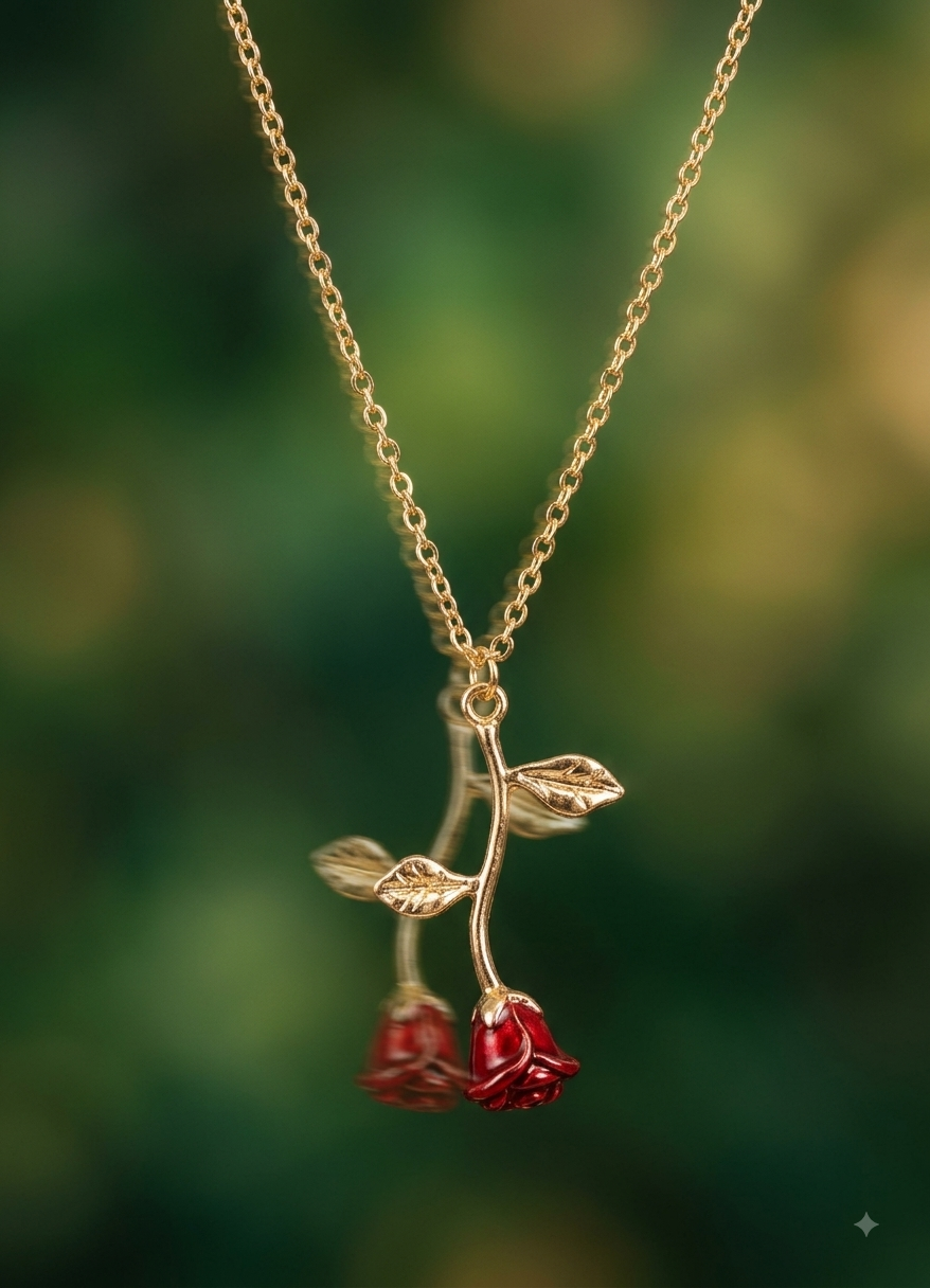 The Enchanted Rose Pendant Necklace – Gold Plated with Red Bud.