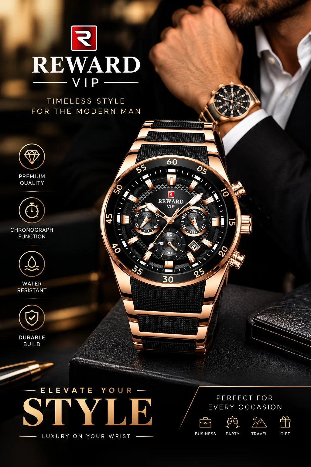 REWARD Gold VIP Sports Chronograph Luxury Watch for Men