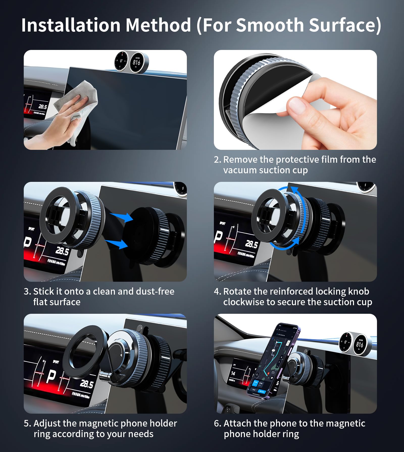 Magnetic Car Mobile Holder with Vacuum Suction Base, 360°